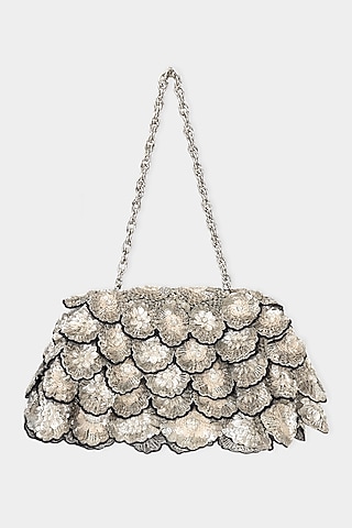 Silver & Black Net Sequins Embroidered Structured Bag by Aanchal Sayal