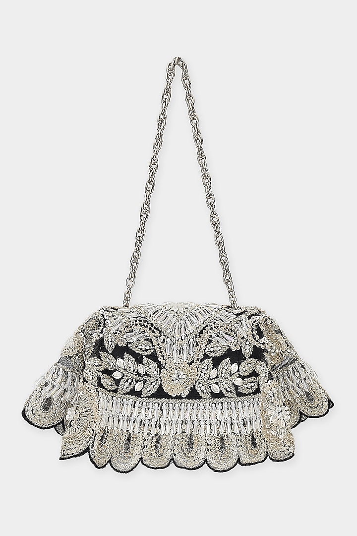 Silver & Black Net Sequins Embroidered Structured Bag by Aanchal Sayal at Pernia's Pop Up Shop