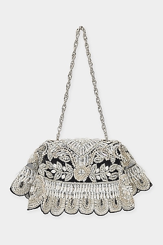 Silver & Black Net Sequins Embroidered Structured Bag by Aanchal Sayal
