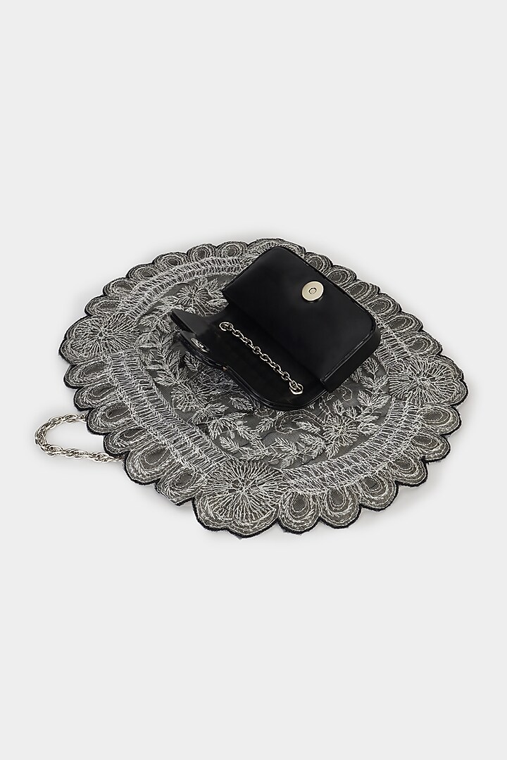 Silver & Black Net Sequins Embroidered Structured Bag by Aanchal Sayal at Pernia's Pop Up Shop