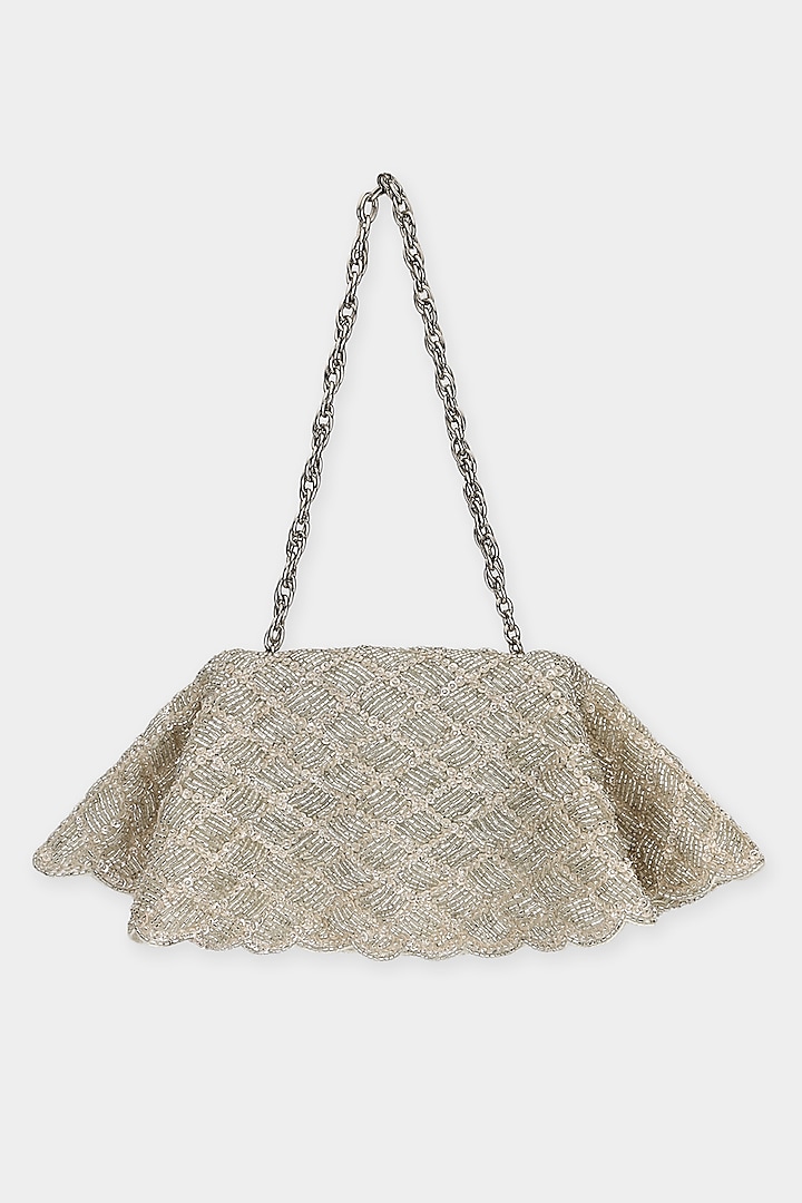 Silver Net Cutdana & Sequins Embroidered Structured Bag by Aanchal Sayal at Pernia's Pop Up Shop