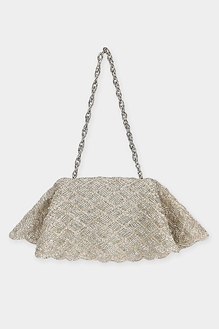 Silver Net Cutdana & Sequins Embroidered Structured Bag by Aanchal Sayal