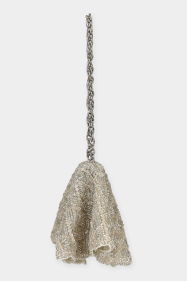 Silver Net Cutdana & Sequins Embroidered Structured Bag by Aanchal Sayal at Pernia's Pop Up Shop