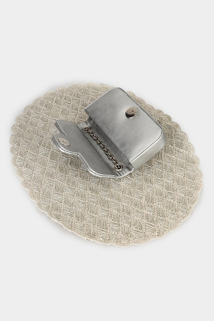 Silver Net Cutdana & Sequins Embroidered Structured Bag by Aanchal Sayal at Pernia's Pop Up Shop
