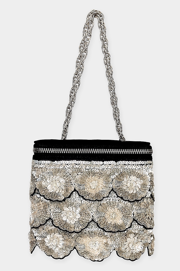 Black & Silver Suede Sequins Embroidered Structured Bag by Aanchal Sayal at Pernia's Pop Up Shop