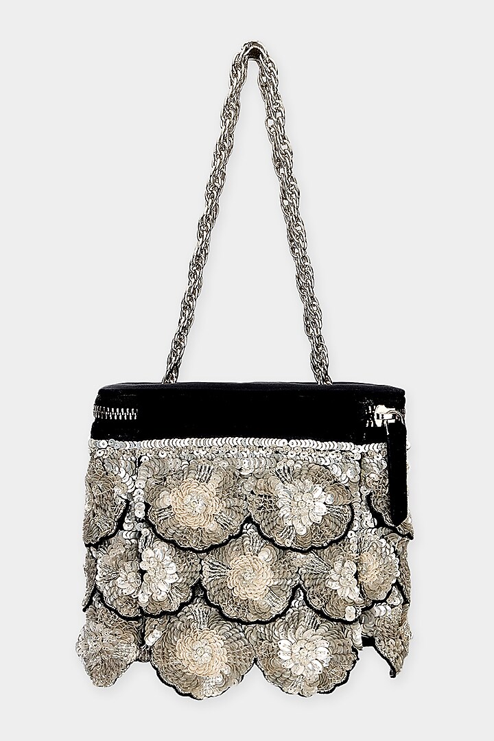 Black & Silver Suede Sequins Embroidered Structured Bag by Aanchal Sayal at Pernia's Pop Up Shop