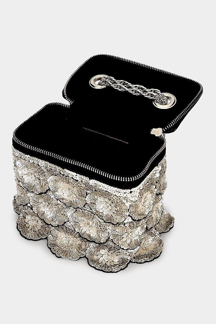 Black & Silver Suede Sequins Embroidered Structured Bag by Aanchal Sayal at Pernia's Pop Up Shop