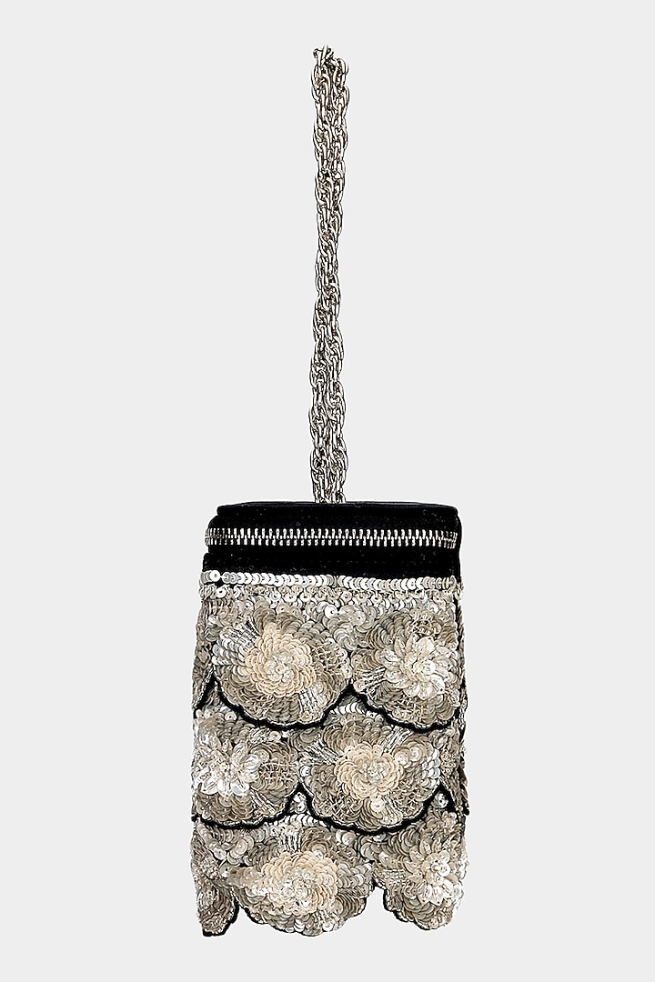 Black & Silver Suede Sequins Embroidered Structured Bag by Aanchal Sayal at Pernia's Pop Up Shop
