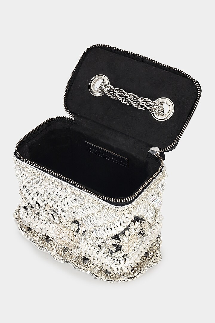 Black & Silver Suede Sequins Embroidered Structured Bag by Aanchal Sayal at Pernia's Pop Up Shop