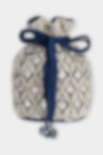 Blue & Silver Suede Cutdana Embroidered Bucket Bag by Aanchal Sayal at Pernia's Pop Up Shop