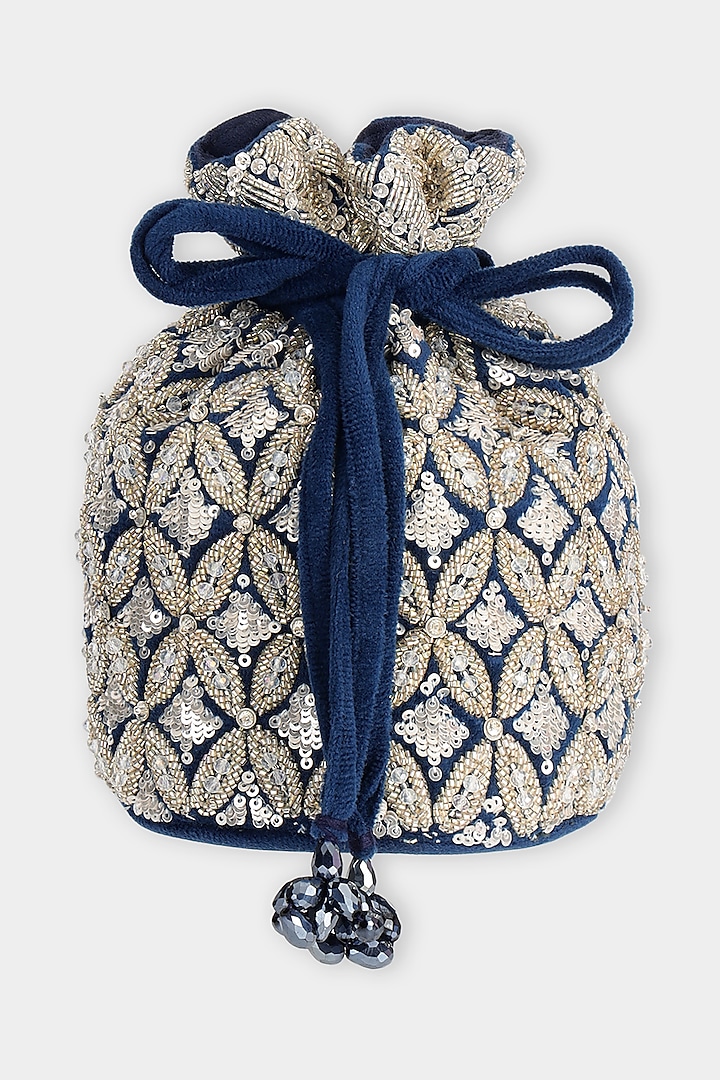 Blue & Silver Suede Cutdana Embroidered Bucket Bag by Aanchal Sayal at Pernia's Pop Up Shop