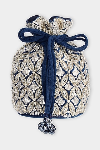 Blue & Silver Suede Cutdana Embroidered Bucket Bag by Aanchal Sayal