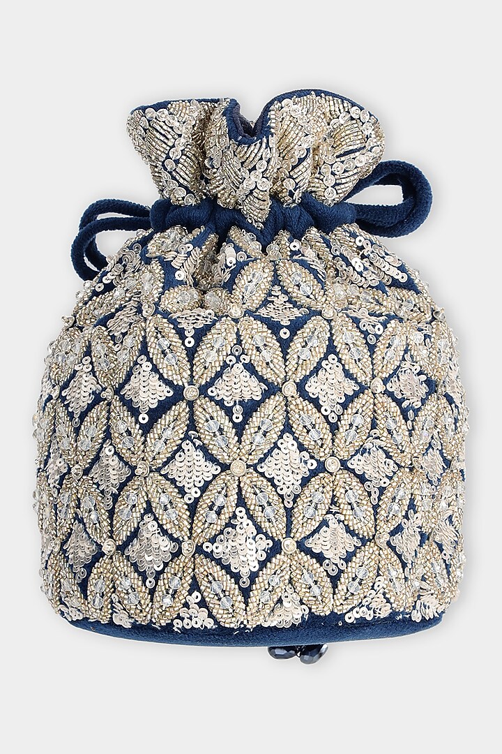 Blue & Silver Suede Cutdana Embroidered Bucket Bag by Aanchal Sayal at Pernia's Pop Up Shop