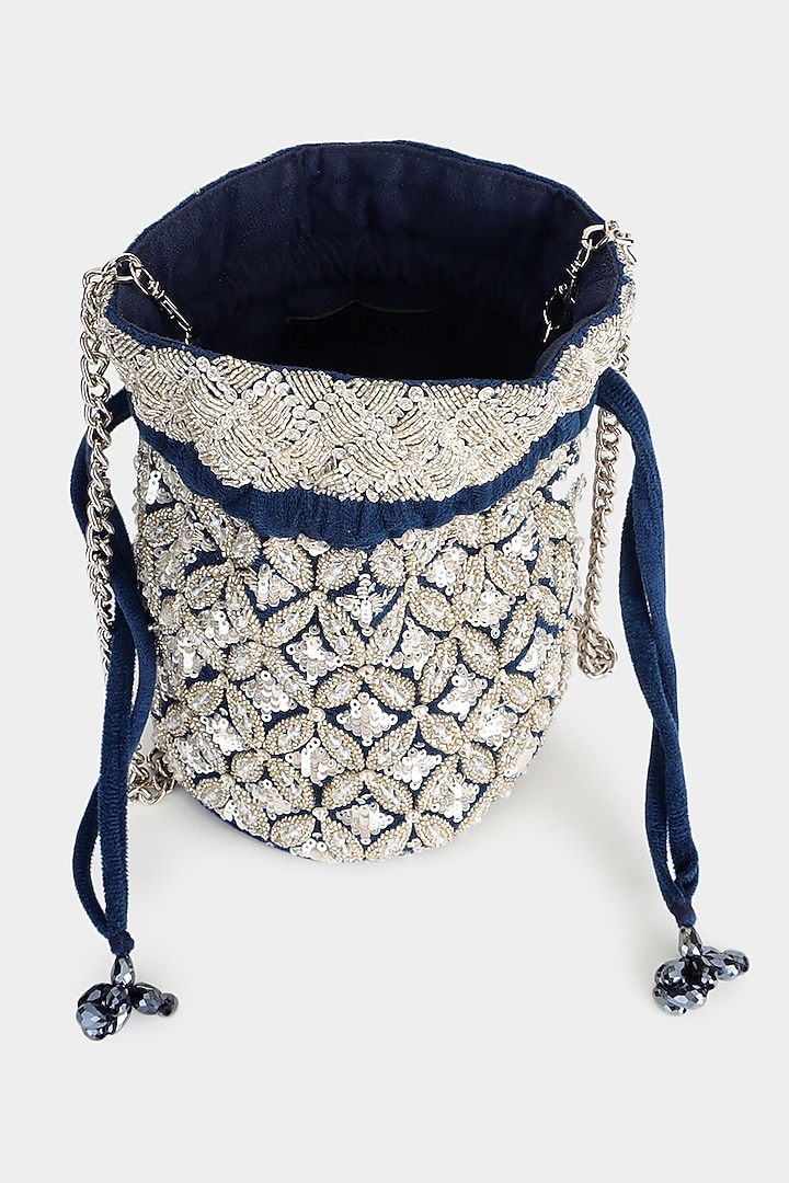Blue & Silver Suede Cutdana Embroidered Bucket Bag by Aanchal Sayal at Pernia's Pop Up Shop