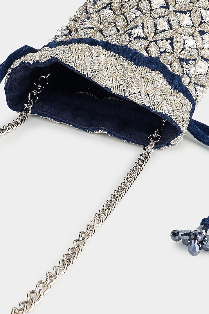 Blue & Silver Suede Cutdana Embroidered Bucket Bag by Aanchal Sayal at Pernia's Pop Up Shop