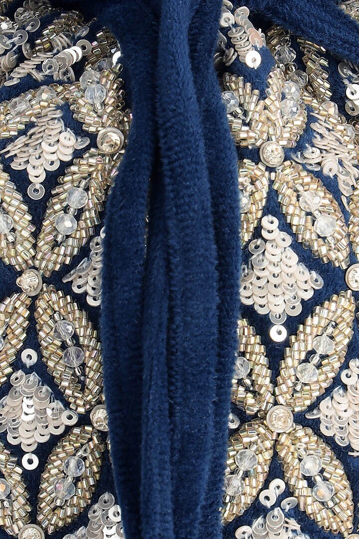 Blue & Silver Suede Cutdana Embroidered Bucket Bag by Aanchal Sayal at Pernia's Pop Up Shop