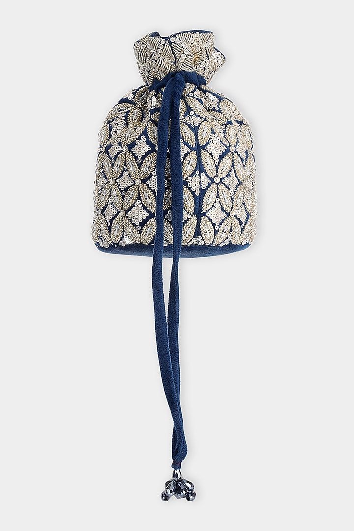 Blue & Silver Suede Cutdana Embroidered Bucket Bag by Aanchal Sayal at Pernia's Pop Up Shop