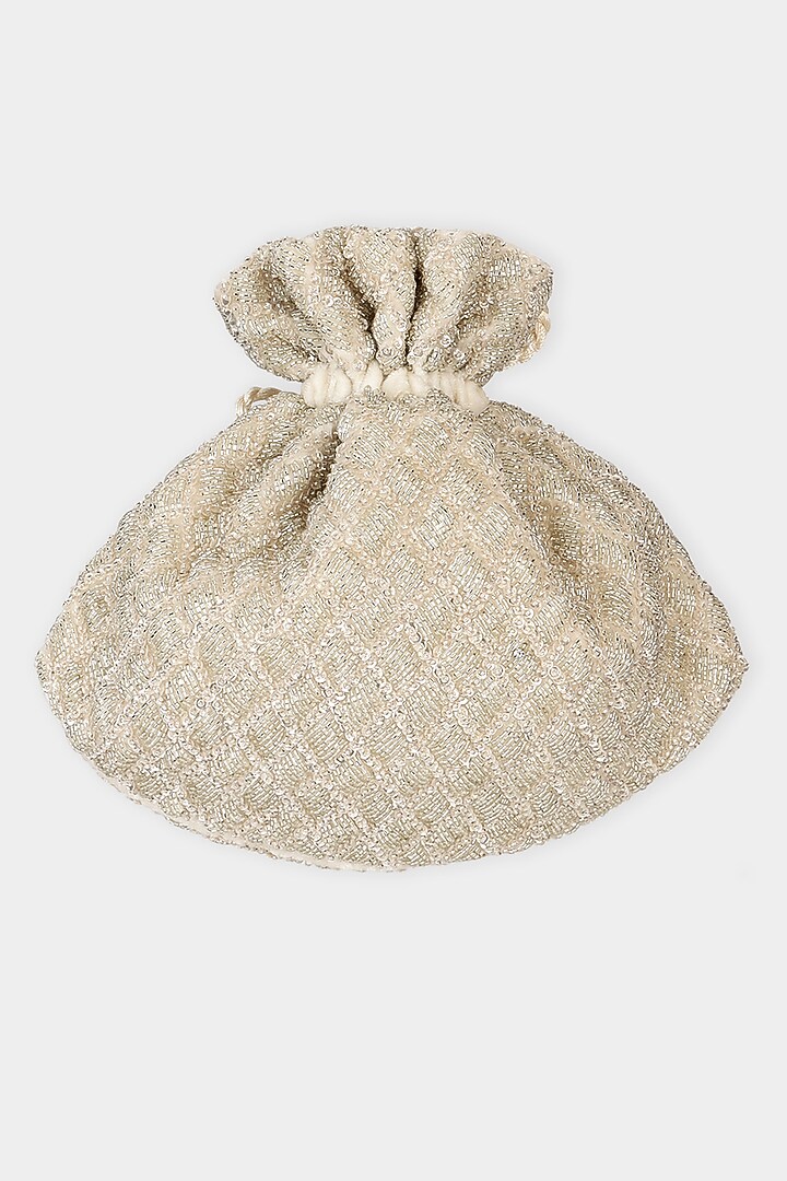 Silver Velvet Cutdana Embroidered Potli Bag by Aanchal Sayal at Pernia's Pop Up Shop