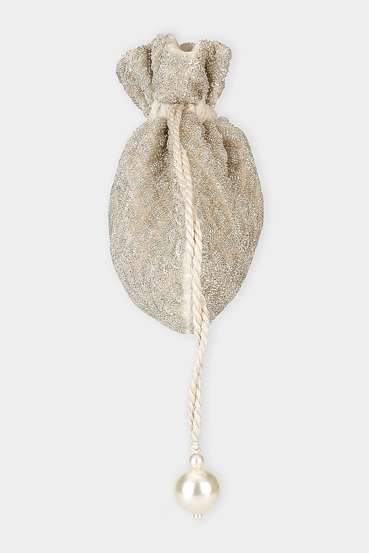 Silver Velvet Cutdana Embroidered Potli Bag by Aanchal Sayal at Pernia's Pop Up Shop