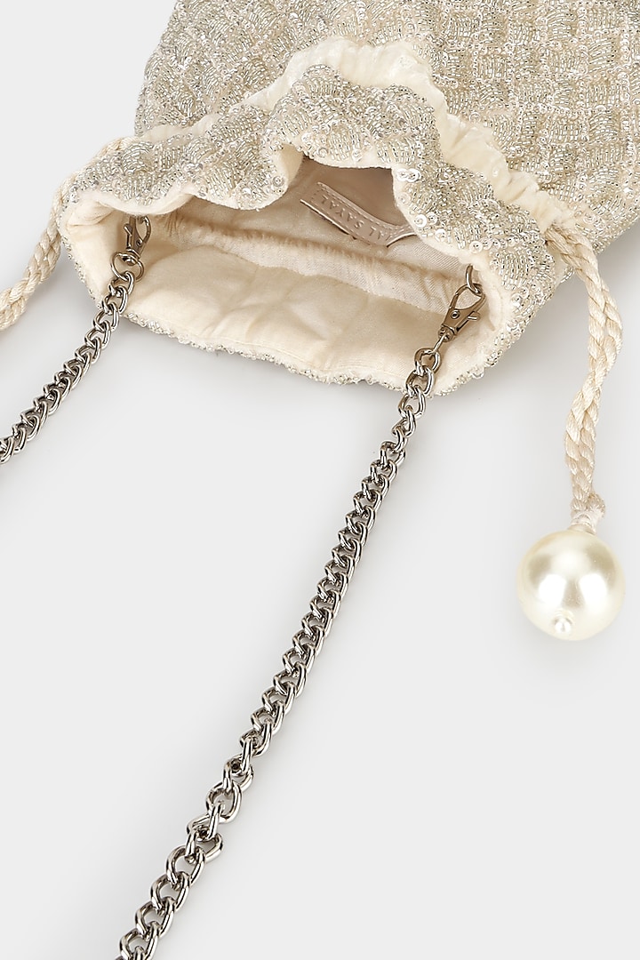 Silver Velvet Cutdana Embroidered Potli Bag by Aanchal Sayal at Pernia's Pop Up Shop