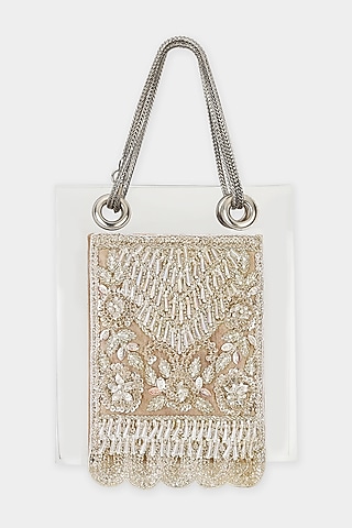 Champagne Net Embroidered Structured Bag by Aanchal Sayal