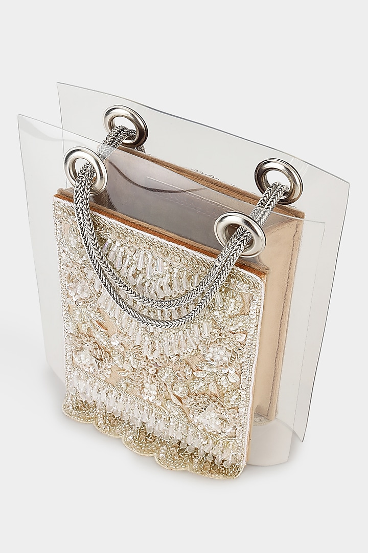 Champagne Net Embroidered Structured Bag by Aanchal Sayal at Pernia's Pop Up Shop
