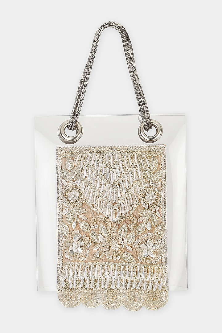 Champagne Net Embroidered Structured Bag by Aanchal Sayal at Pernia's Pop Up Shop