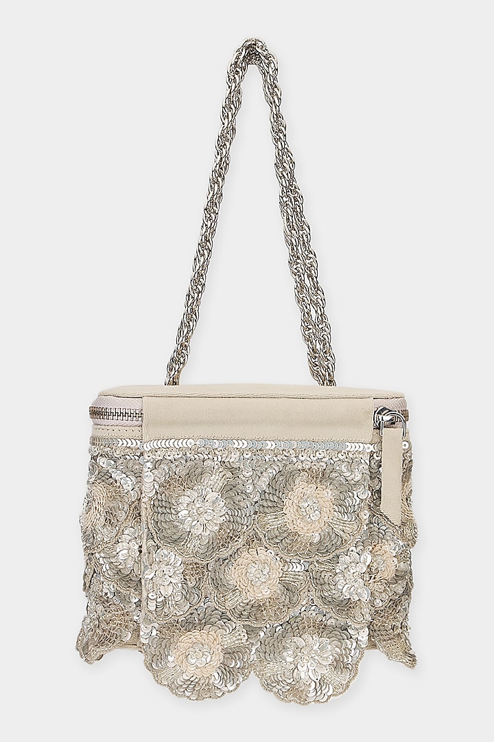 Nude & Silver Suede Sequins Embroidered Structured Bag by Aanchal Sayal at Pernia's Pop Up Shop