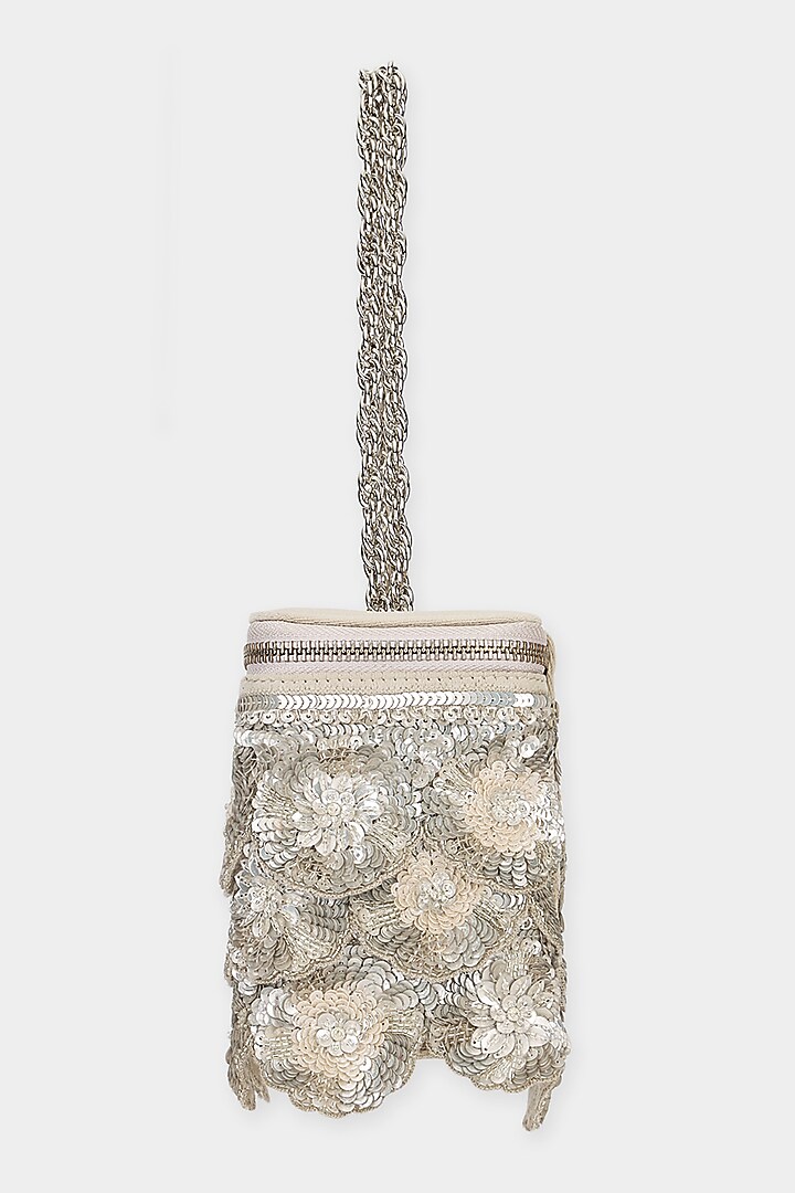 Nude & Silver Suede Sequins Embroidered Structured Bag by Aanchal Sayal at Pernia's Pop Up Shop