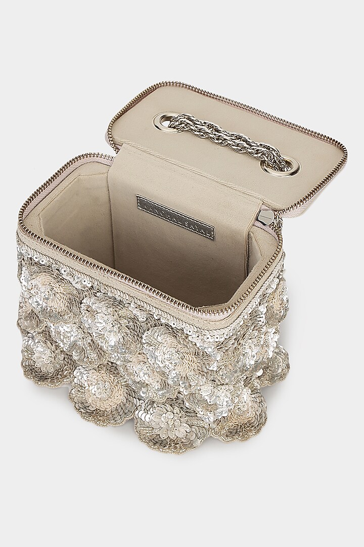 Nude & Silver Suede Sequins Embroidered Structured Bag by Aanchal Sayal at Pernia's Pop Up Shop
