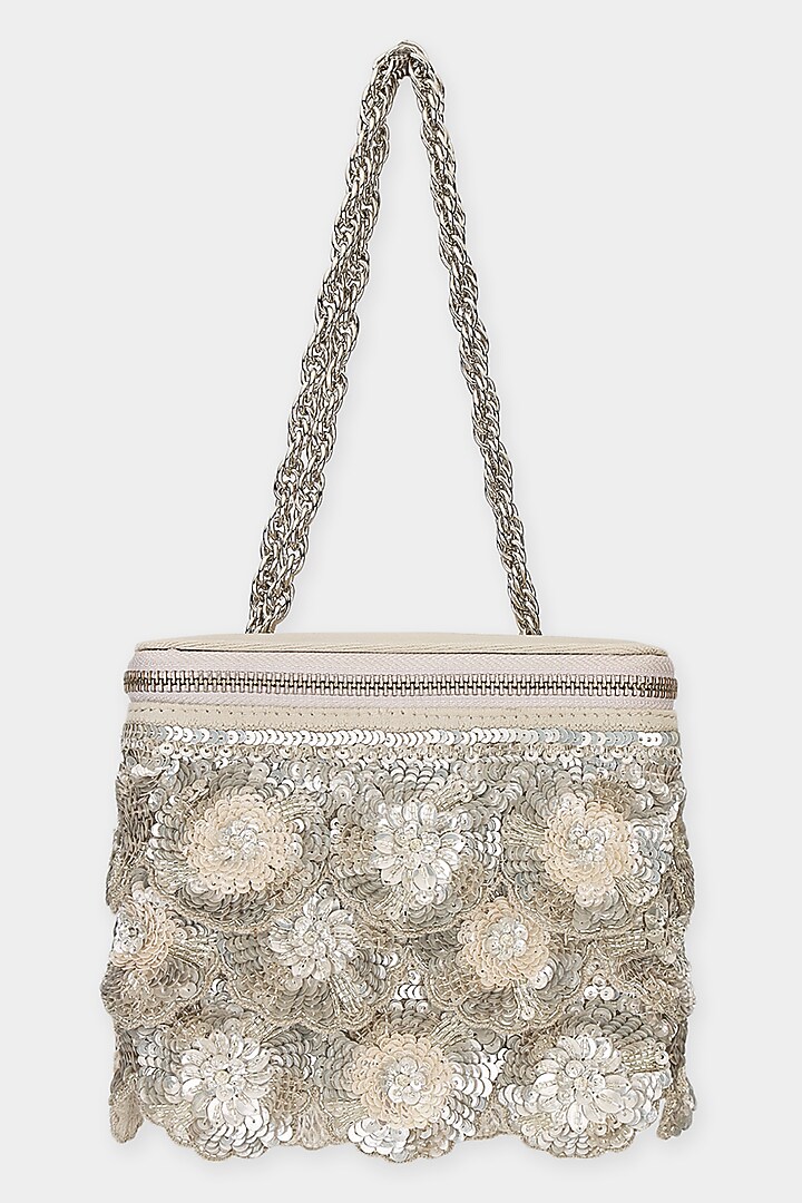 Nude & Silver Suede Sequins Embroidered Structured Bag by Aanchal Sayal at Pernia's Pop Up Shop