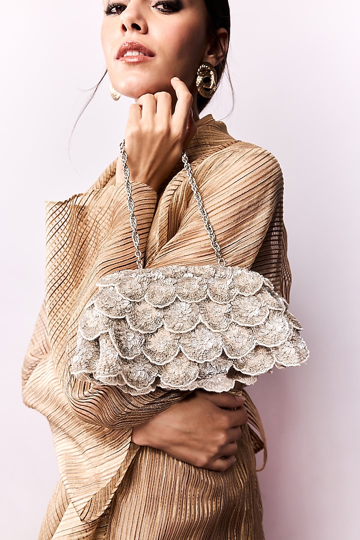 Silver Suede Sequins Embroidered Structured Bag by Aanchal Sayal at Pernia's Pop Up Shop