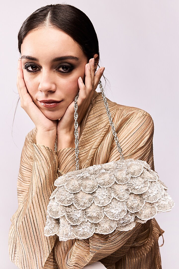 Silver Suede Sequins Embroidered Structured Bag by Aanchal Sayal at Pernia's Pop Up Shop