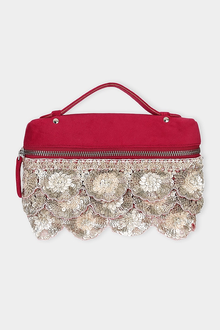 Red & Silver Suede Sequins Embroidered Pouch Bag by Aanchal Sayal at Pernia's Pop Up Shop