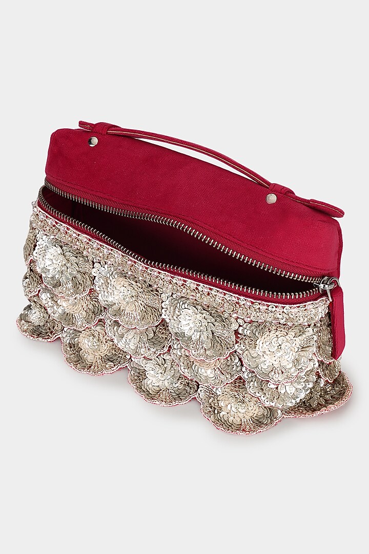 Red & Silver Suede Sequins Embroidered Pouch Bag by Aanchal Sayal at Pernia's Pop Up Shop