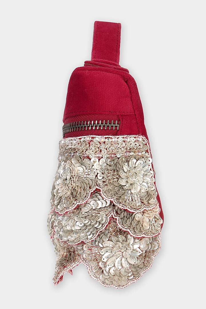 Red & Silver Suede Sequins Embroidered Pouch Bag by Aanchal Sayal at Pernia's Pop Up Shop