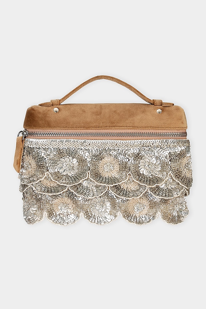 Tan Suede Sequins Embroidered Pouch Bag by Aanchal Sayal at Pernia's Pop Up Shop