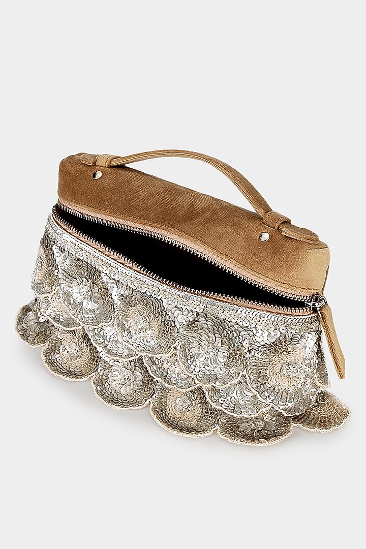 Tan Suede Sequins Embroidered Pouch Bag by Aanchal Sayal at Pernia's Pop Up Shop