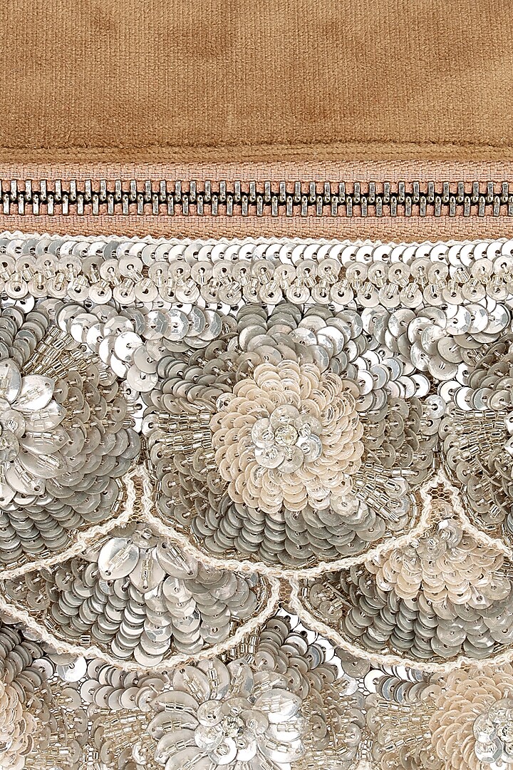 Tan Suede Sequins Embroidered Pouch Bag by Aanchal Sayal at Pernia's Pop Up Shop