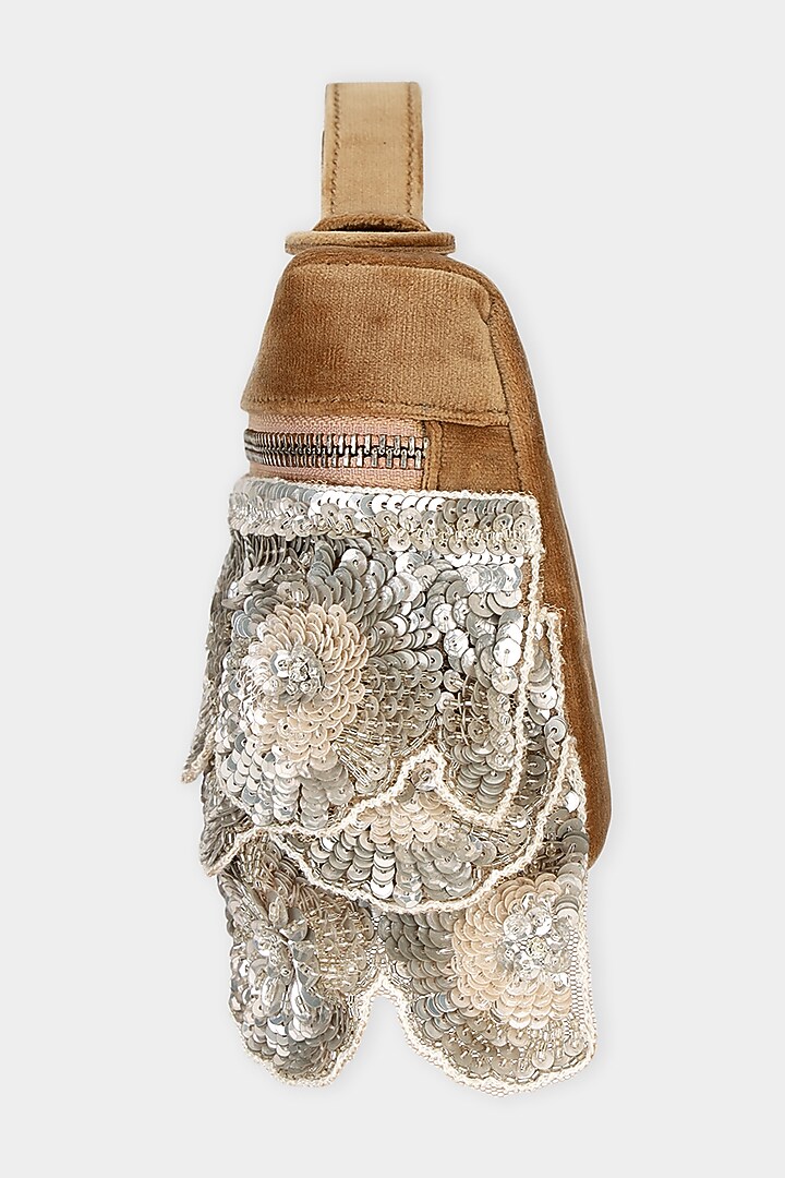 Tan Suede Sequins Embroidered Pouch Bag by Aanchal Sayal at Pernia's Pop Up Shop