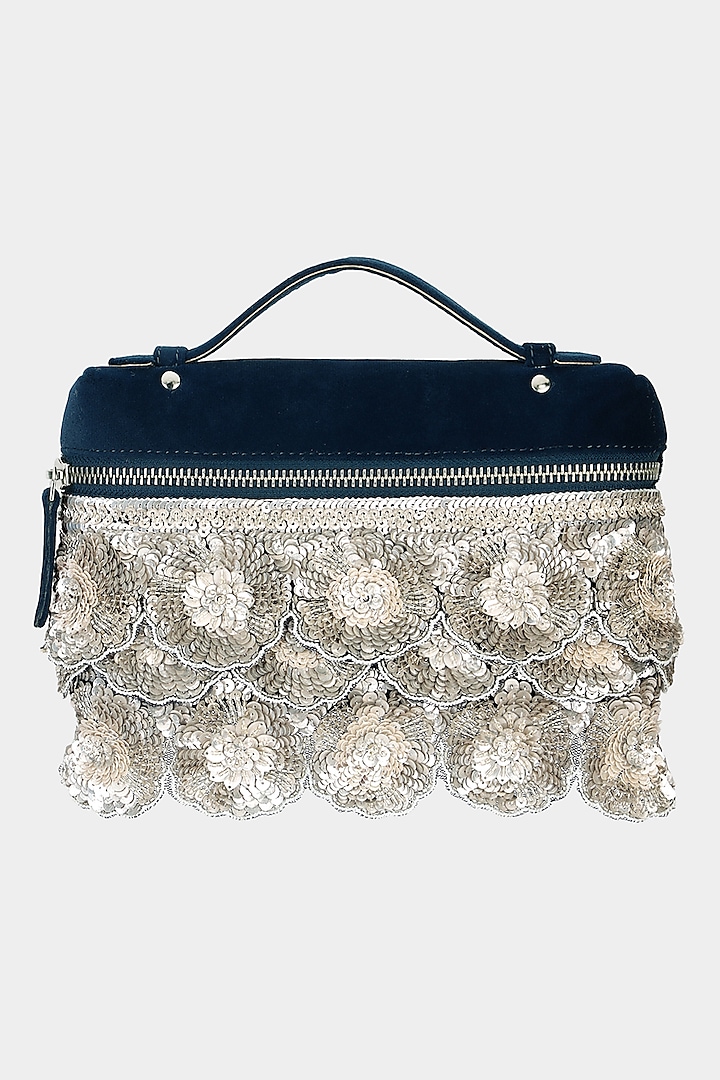 Navy Blue Suede Sequins Embroidered Pouch Bag by Aanchal Sayal at Pernia's Pop Up Shop