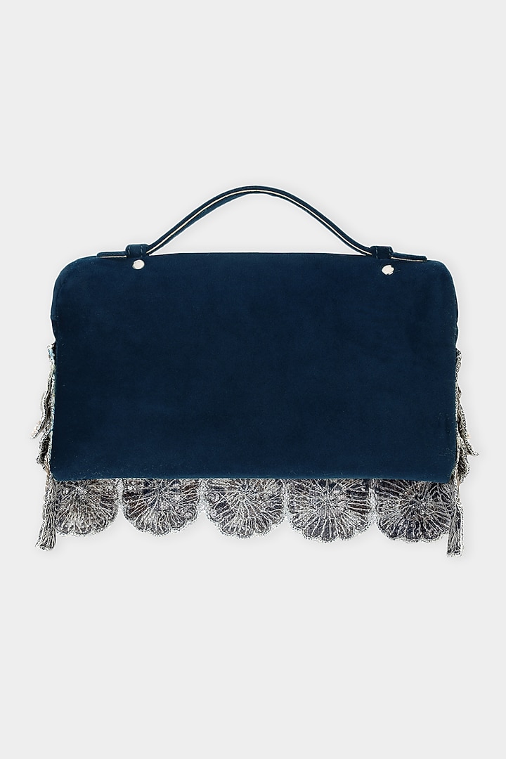 Navy Blue Suede Sequins Embroidered Pouch Bag by Aanchal Sayal at Pernia's Pop Up Shop