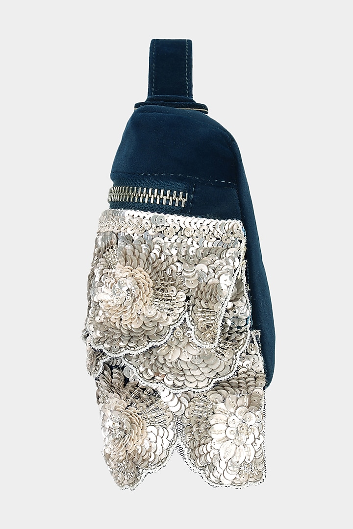 Navy Blue Suede Sequins Embroidered Pouch Bag by Aanchal Sayal at Pernia's Pop Up Shop