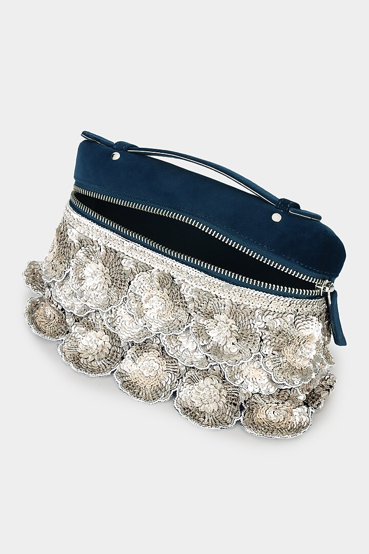 Navy Blue Suede Sequins Embroidered Pouch Bag by Aanchal Sayal at Pernia's Pop Up Shop
