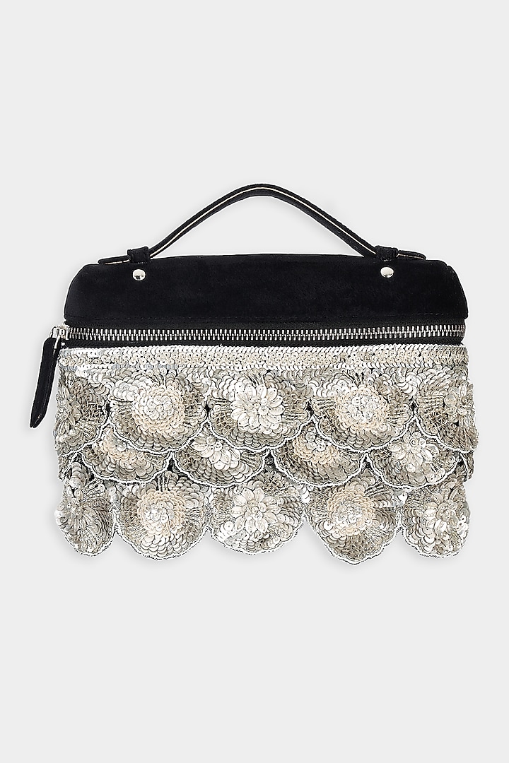 Black Suede Sequins Embroidered Pouch Bag by Aanchal Sayal at Pernia's Pop Up Shop