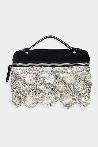 Black Suede Sequins Embroidered Pouch Bag by Aanchal Sayal