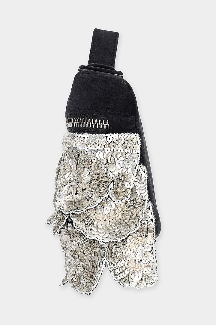 Black Suede Sequins Embroidered Pouch Bag by Aanchal Sayal at Pernia's Pop Up Shop
