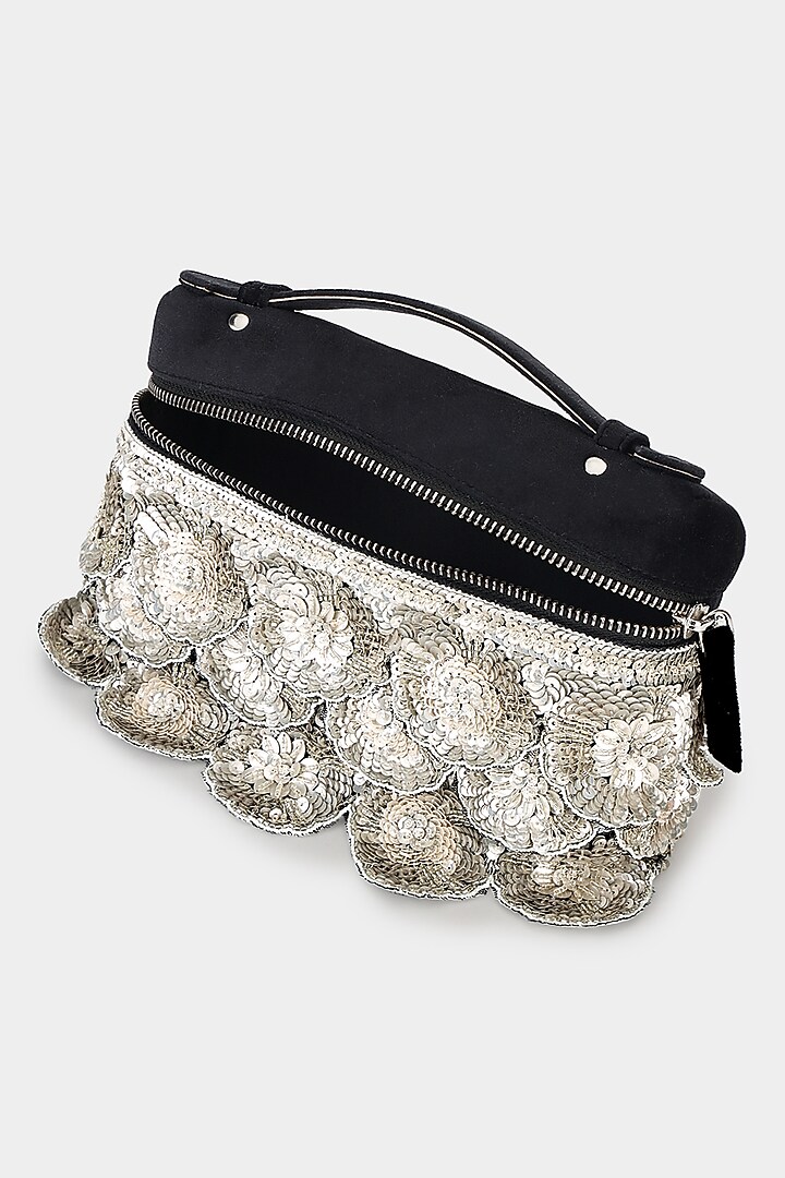 Black Suede Sequins Embroidered Pouch Bag by Aanchal Sayal at Pernia's Pop Up Shop