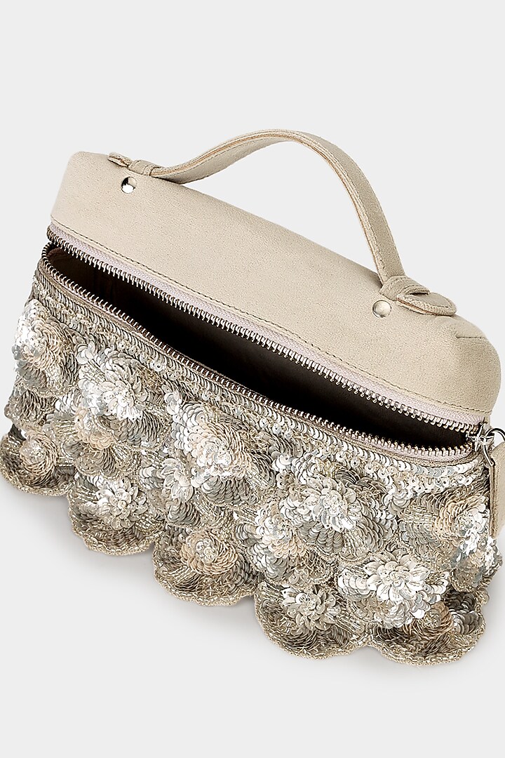 Beige Suede Sequins Embroidered Pouch Bag by Aanchal Sayal at Pernia's Pop Up Shop