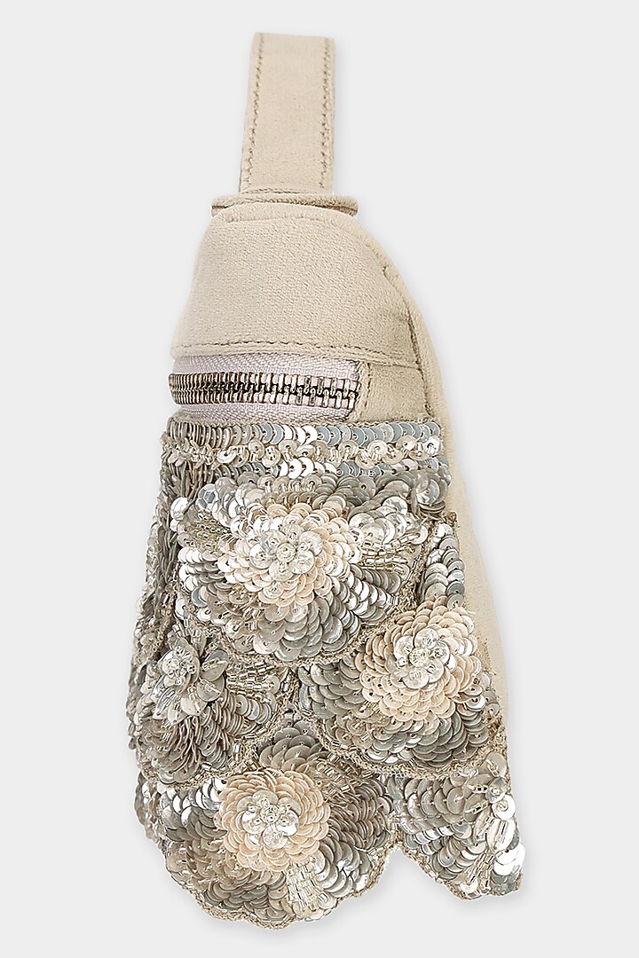 Beige Suede Sequins Embroidered Pouch Bag by Aanchal Sayal at Pernia's Pop Up Shop